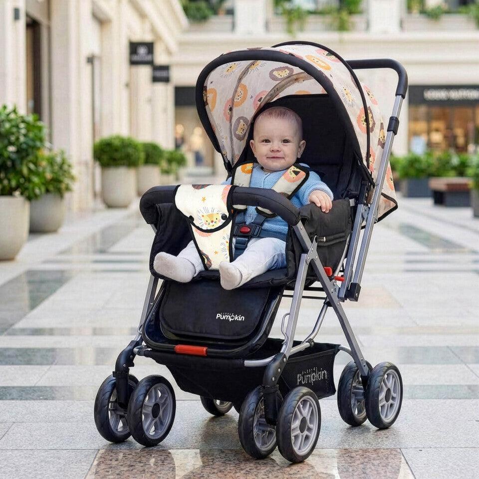 Kiddie Kingdom Stroller 3 Position Recline, Easy Fold, Reversible Handle, Rear Wheel Brakes - Black Safari